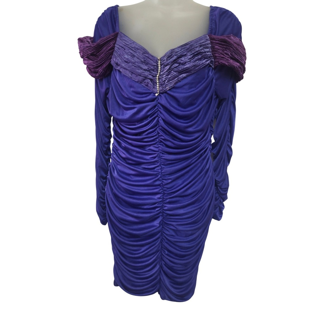 Vintage 80s Purple Ruched‎ Off Shoulder Party Dress S Satin Bodycon Cocktail USA